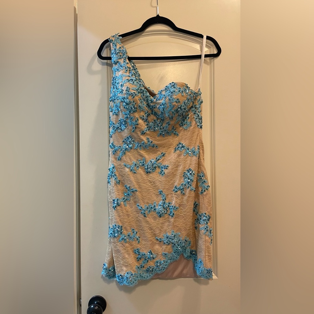 Blue and tan one shoulder cocktail dress. worn one time. size 7-8